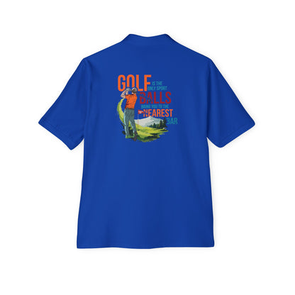 Golf Polo Shirt in Royal, back view with golf graphic