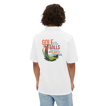 Man wearing Golf Polo Shirt in White, back graphic
