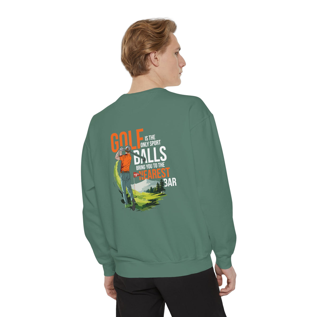 Golf Is the Only Sport Crewneck Sweatshirt in Light Green, male model, back
