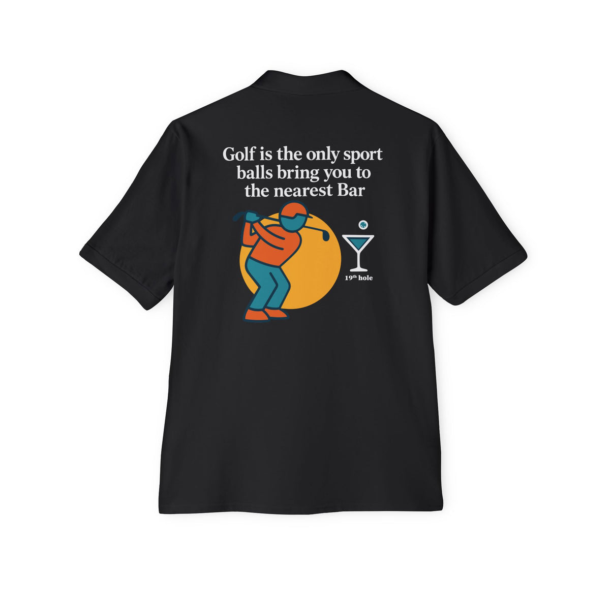 19th Hole Golf Polo in Black, back view with golf graphic