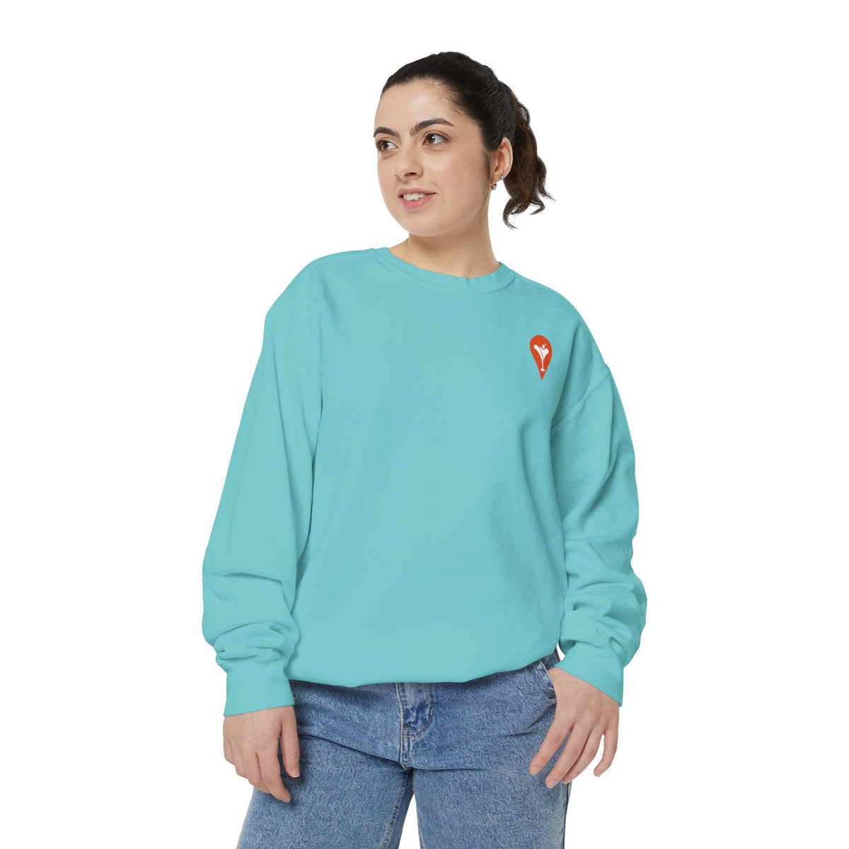 Gravity Skiing Crewneck Sweatshirt in Chalky Mint, female model, front