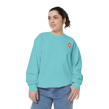 Gravity Skiing Crewneck Sweatshirt in Chalky Mint, female model, front