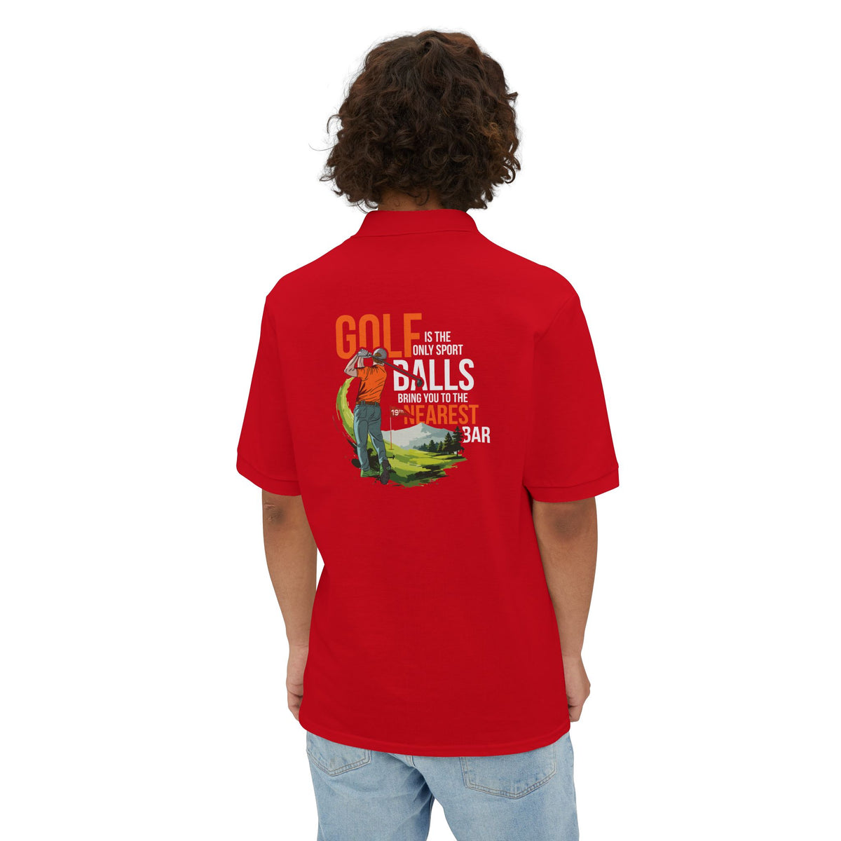 Man wearing Golf Polo Shirt in True Red, back graphic