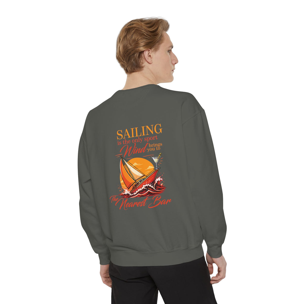 Wind & Sailing Crewneck Sweatshirt in Pepper, male model, back
