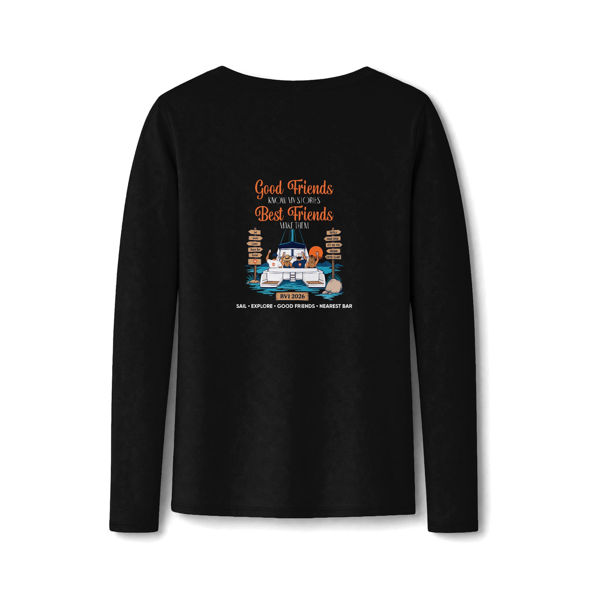 Good Friends, Best Friends Women's Long Sleeve V-Neck Tee in Jet Black, back