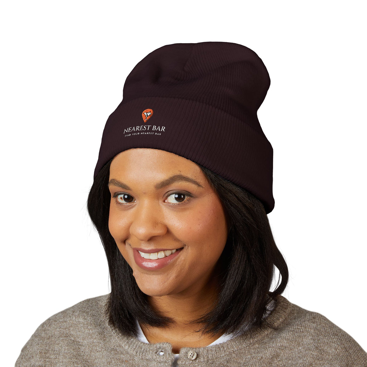 Nearest Bar Knit Cap in Brown, female model