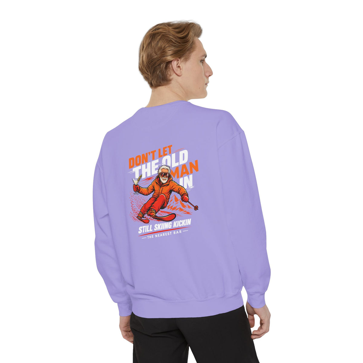 Don't Let the Old Man In Crewneck Sweatshirt in Violet, male model, back