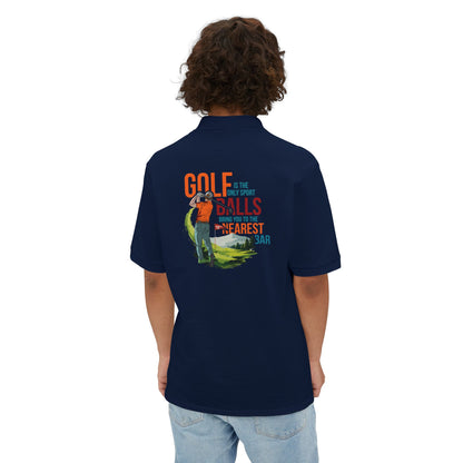 Man wearing Golf Polo Shirt in J. Navy, back graphic