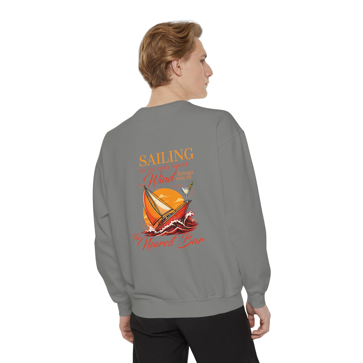 Wind & Sailing Crewneck Sweatshirt in Grey, male model, back