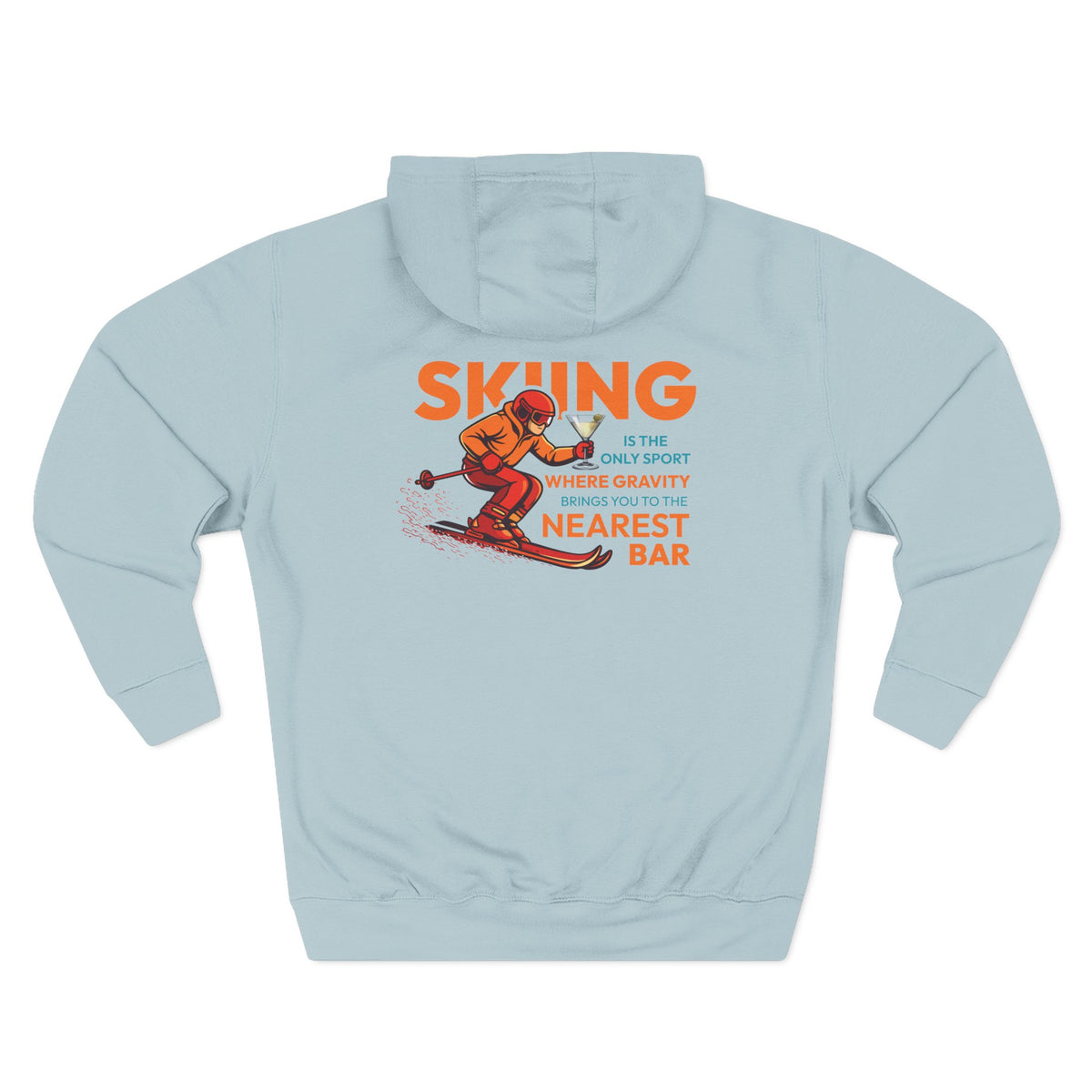 Gravity Skiing Fleece Hoodie in Blue Mist, flat back