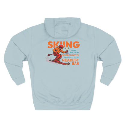 Gravity Skiing Fleece Hoodie in Blue Mist, flat back