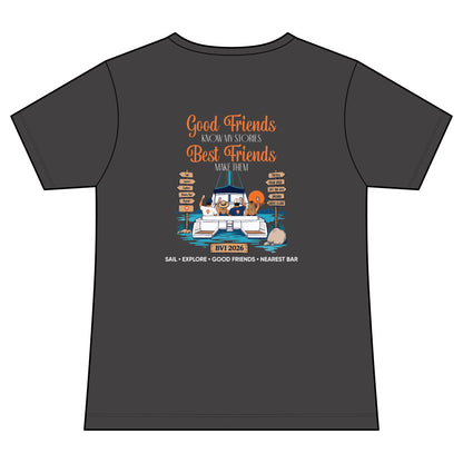 Good Friends, Best Friends Women's V-Neck Tee in Coal, back
