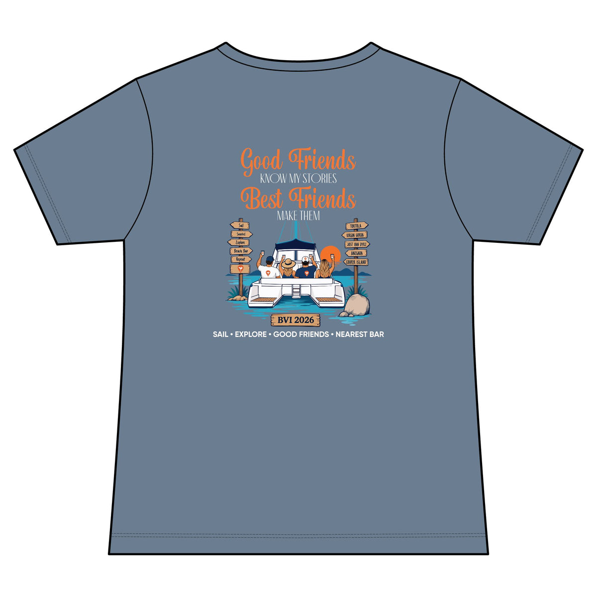Good Friends, Best Friends Women's V-Neck Tee in Faded Denim, back