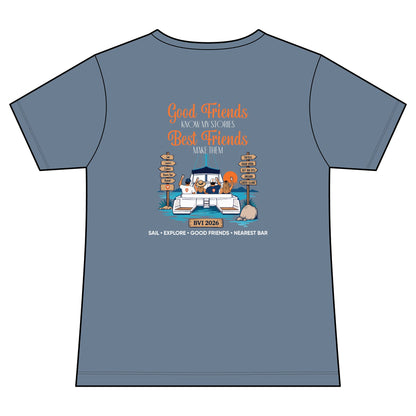 Good Friends, Best Friends Women's V-Neck Tee in Faded Denim, back