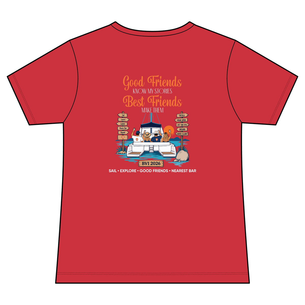 Good Friends, Best Friends Women's V-Neck Tee in Poppy, back