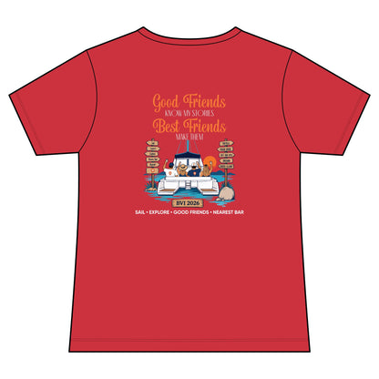 Good Friends, Best Friends Women's V-Neck Tee in Poppy, back