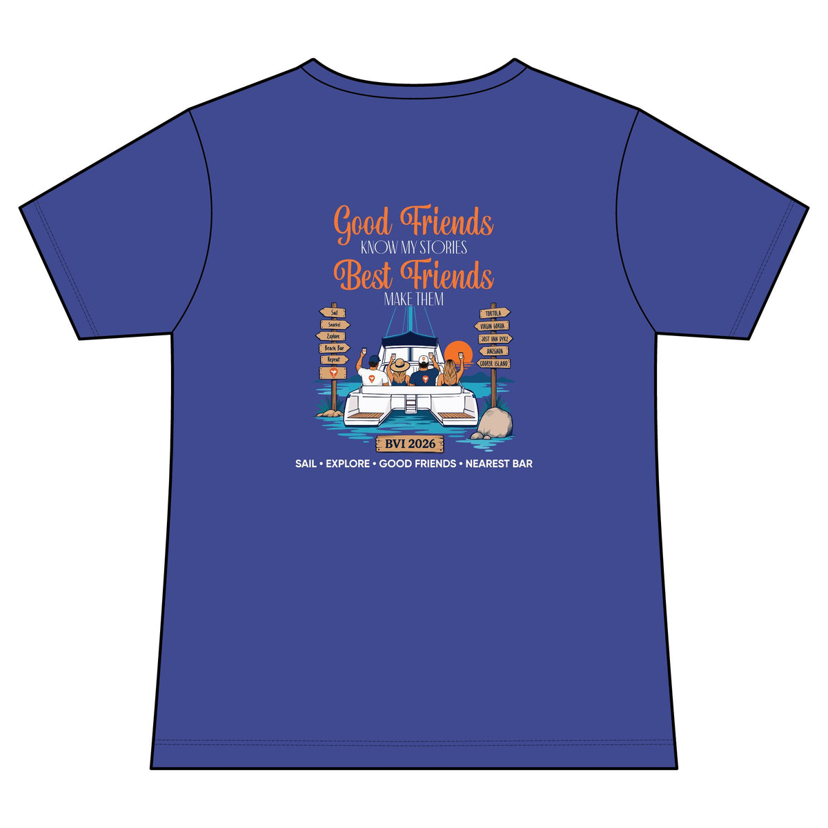 Good Friends, Best Friends Women's V-Neck Tee in Blue Iris, back