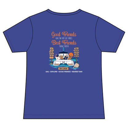 Good Friends, Best Friends Women's V-Neck Tee in Blue Iris, back