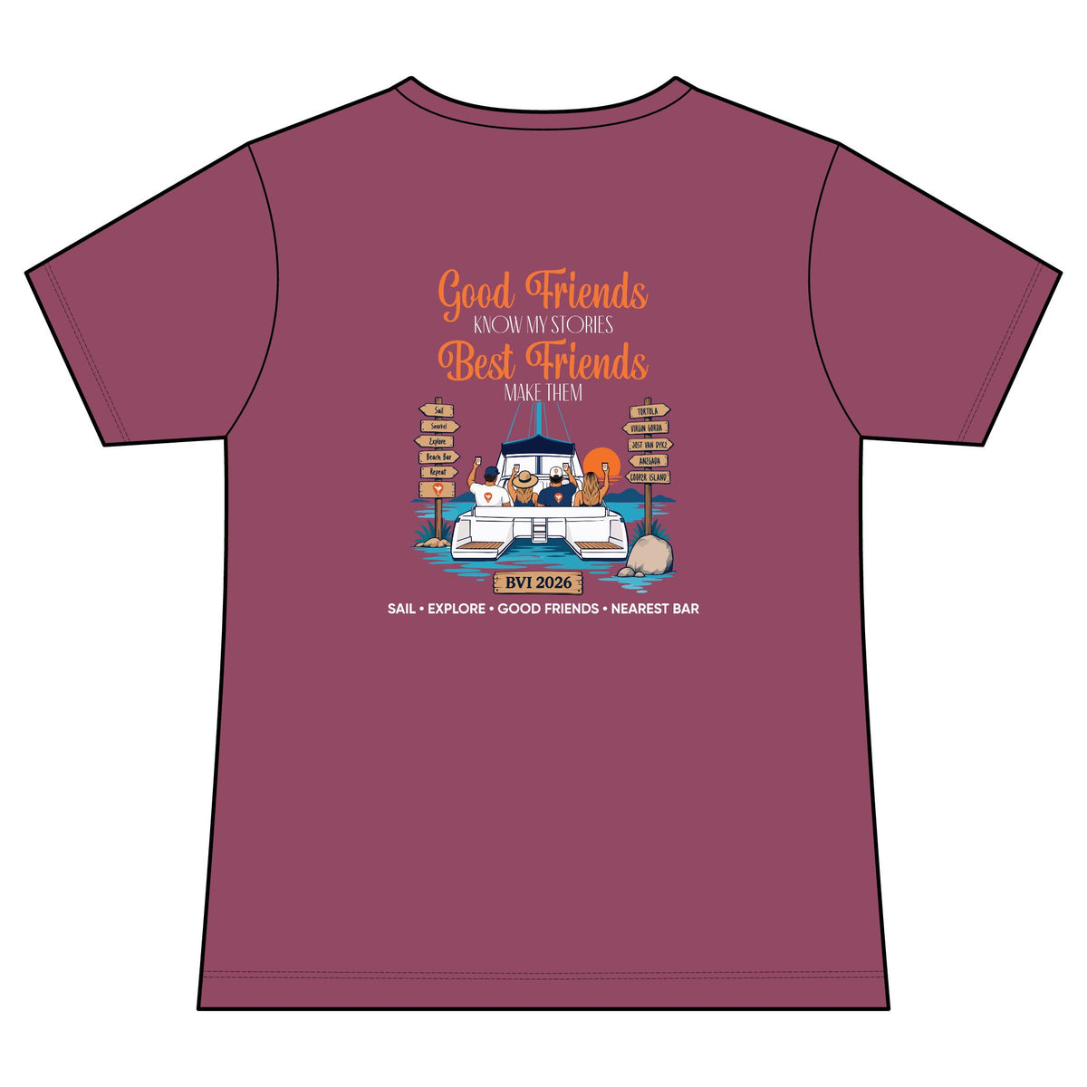Good Friends, Best Friends Women's V-Neck Tee in Vintage Raspberry, back
