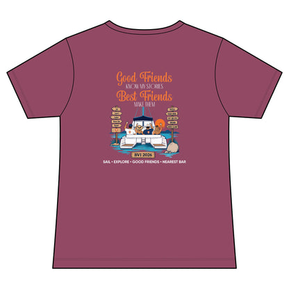 Good Friends, Best Friends Women's V-Neck Tee in Vintage Raspberry, back