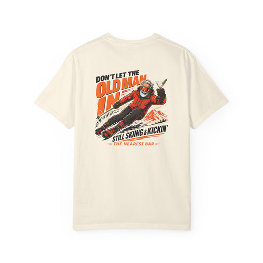 Old Man Skiing Après T-Shirt Martini Edition in Ivory, back view with skiing graphic