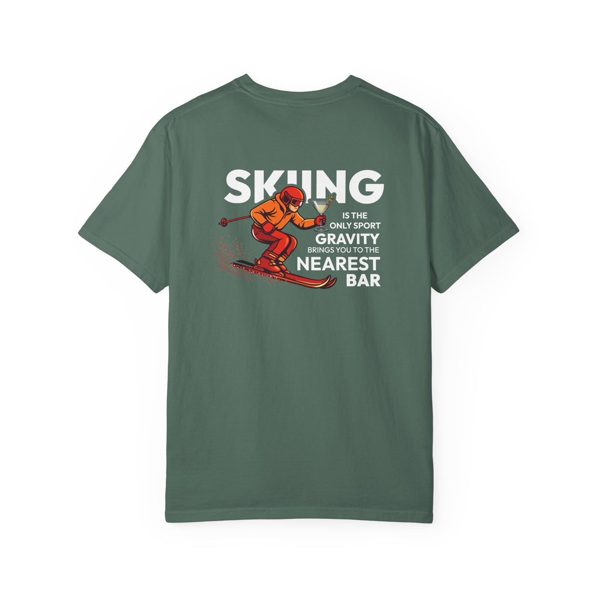 Skiing Nearest Bar Heavyweight T-Shirt in Blue Spruce, back view with skiing graphic