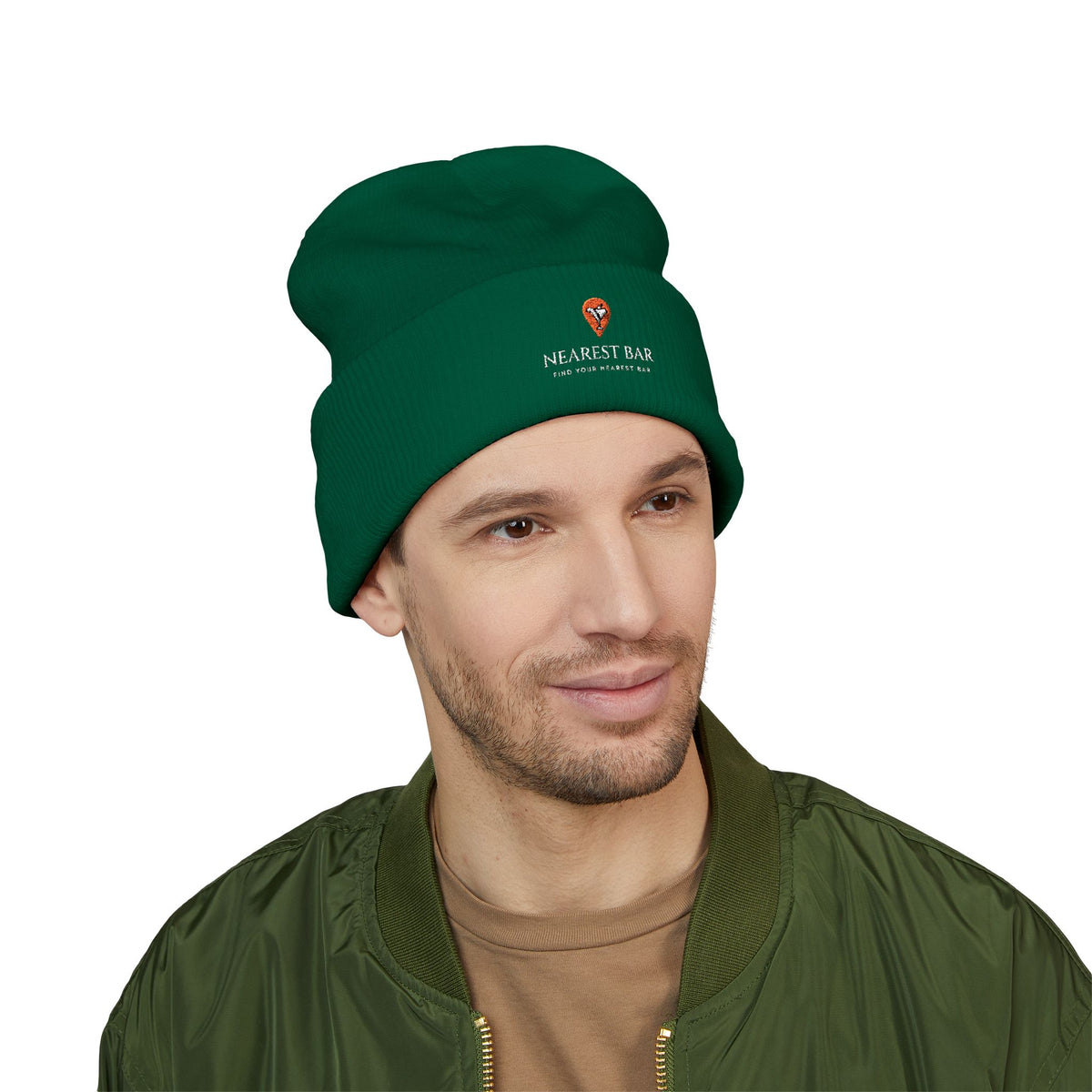 Nearest Bar Knit Cap in Spruce, male model
