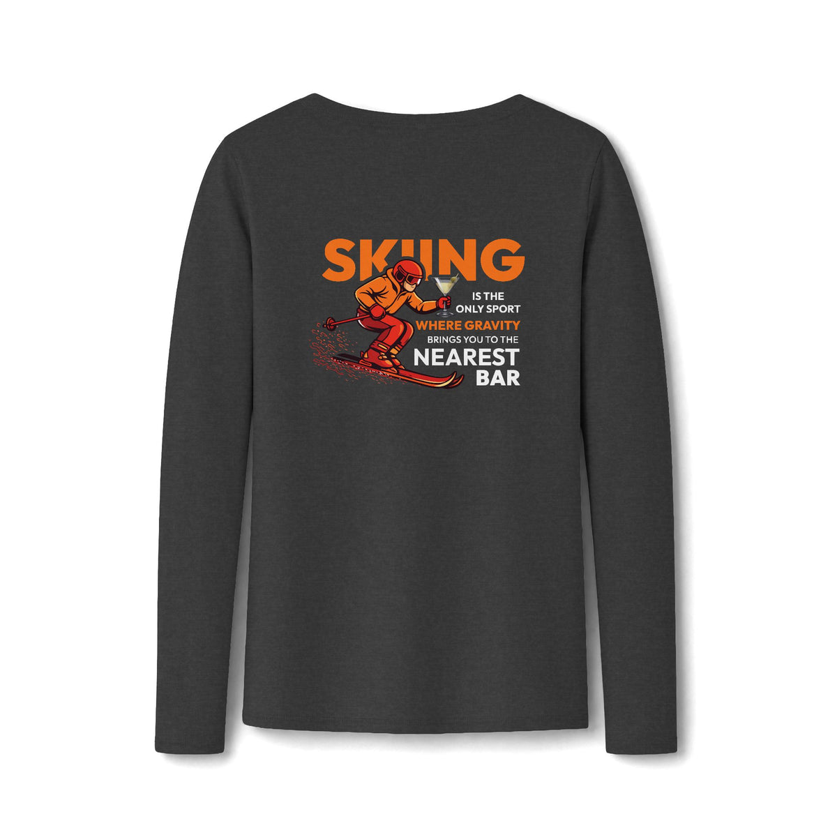 Gravity Skiing Women's Long Sleeve V-Neck Tee in Dark Heather Grey, back