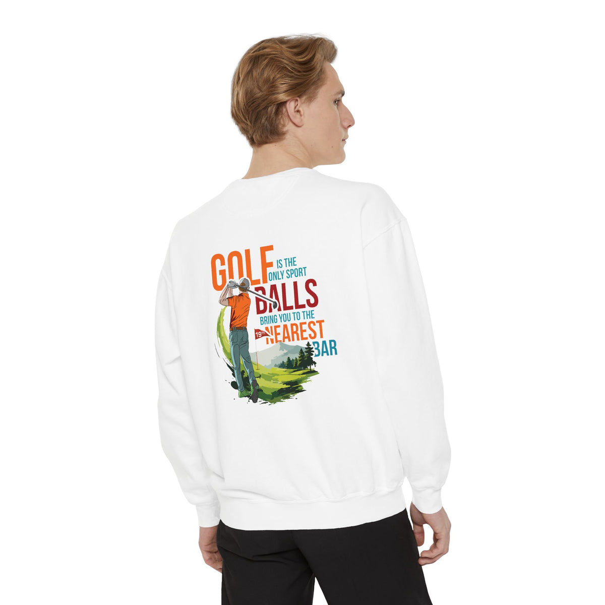 Golf Is the Only Sport Crewneck Sweatshirt in White, male model, back
