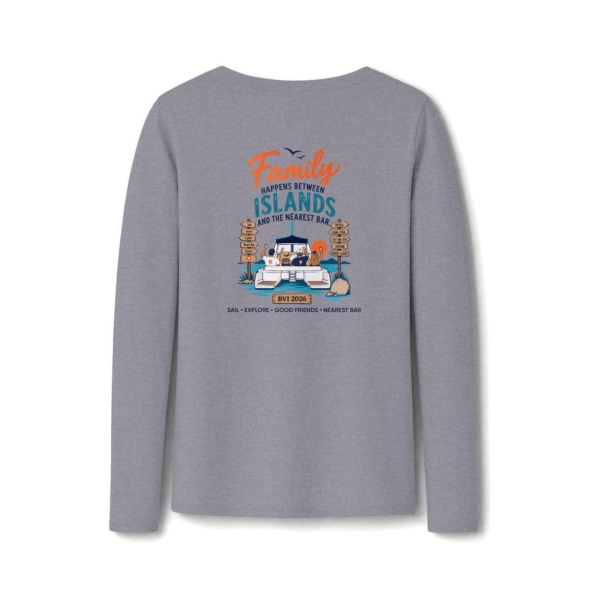 Family Happens Between Islands Women's Long Sleeve V-Neck Tee in Athletic Heather, front