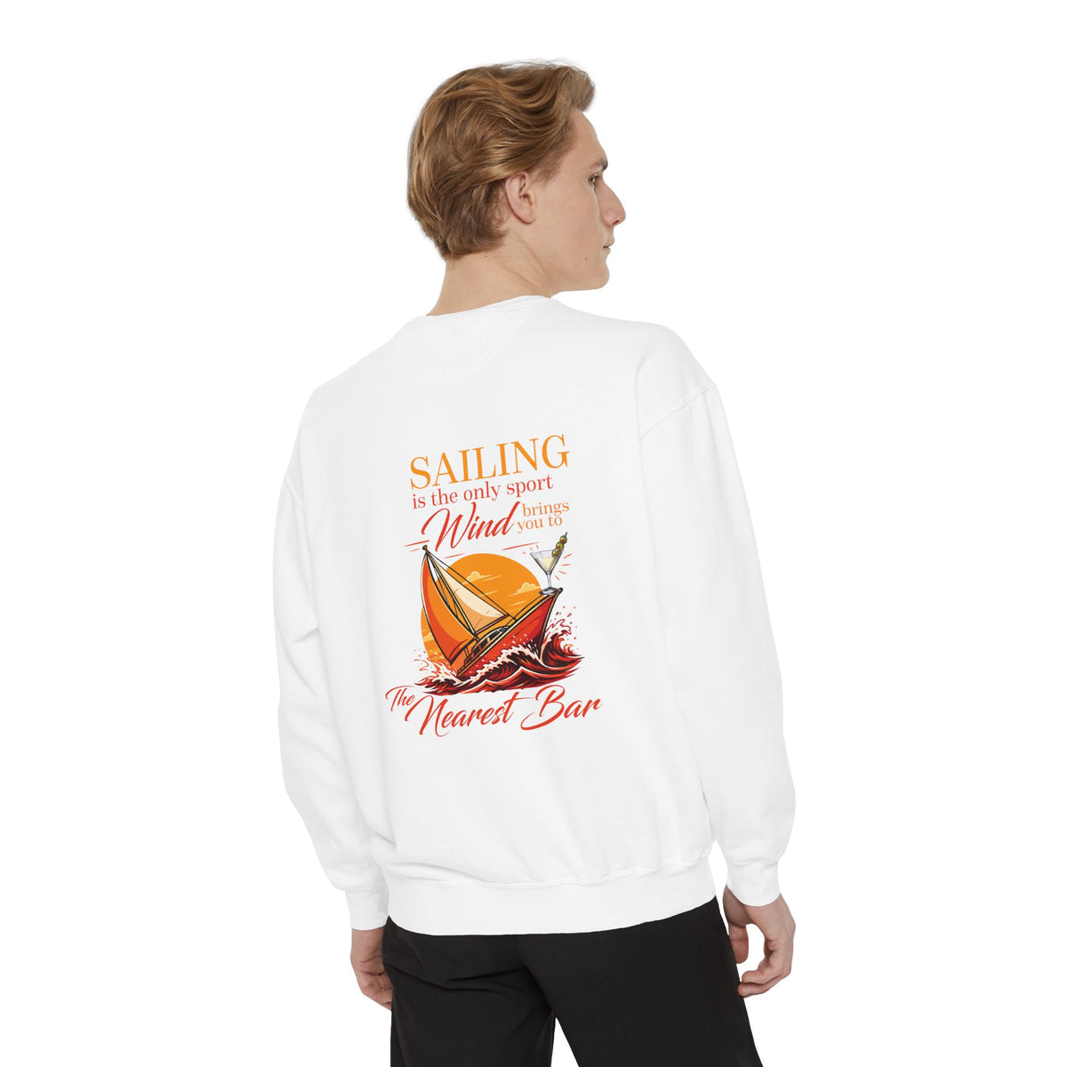 Wind & Sailing Crewneck Sweatshirt in White, male model, back