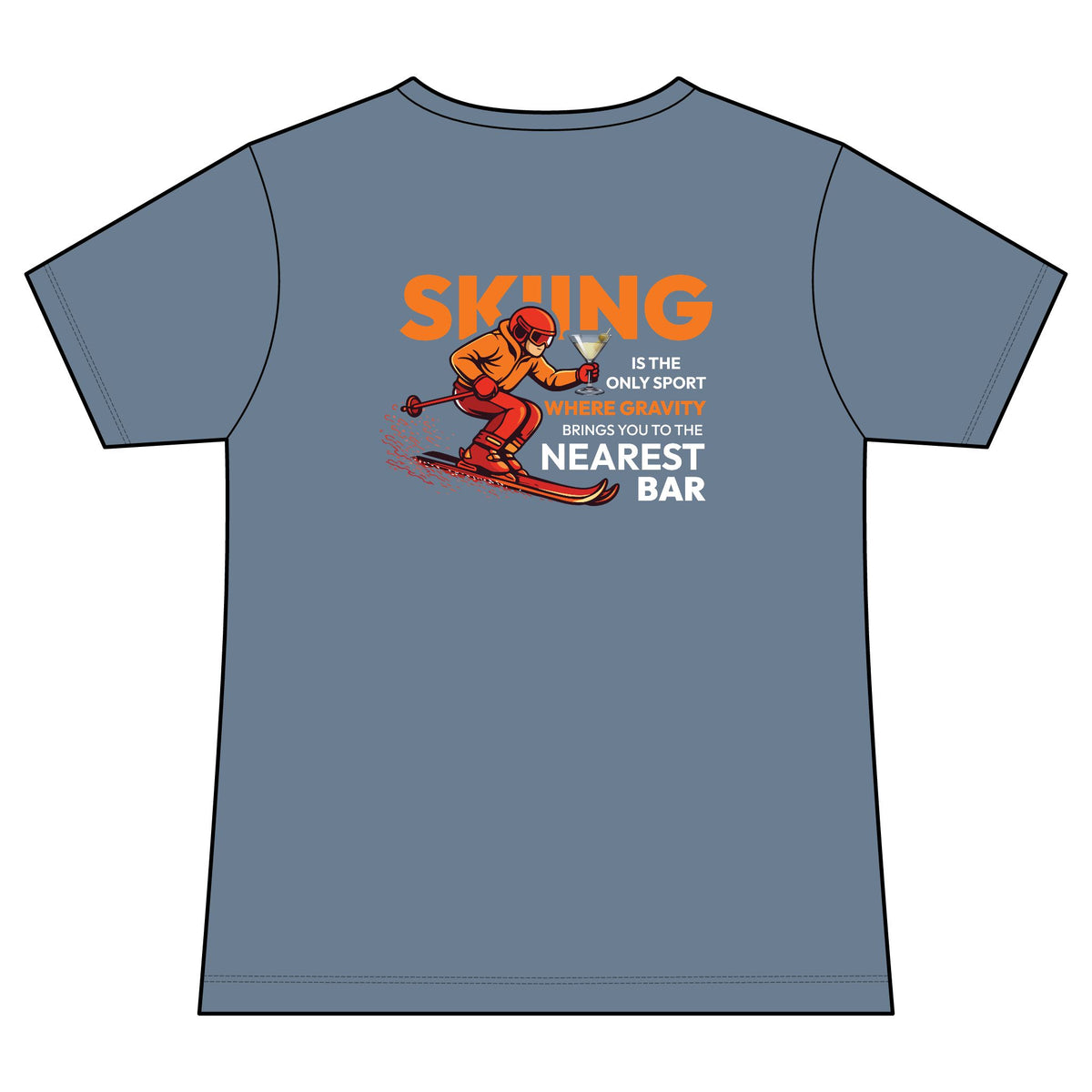 Gravity Skiing Women's V-Neck Tee in Faded Denim, back