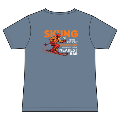 Gravity Skiing Women's V-Neck Tee in Faded Denim, back