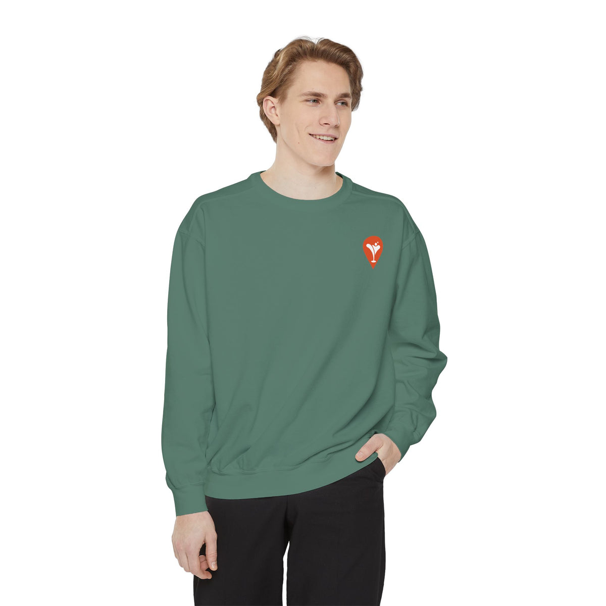 Gravity Skiing Crewneck Sweatshirt in Light Green, male model, front