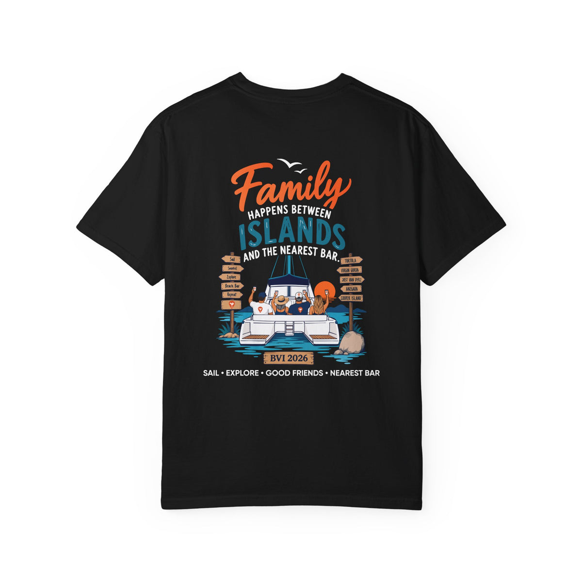 Family Happens BVI Sailing T-Shirt in Black, back view with catamaran graphic