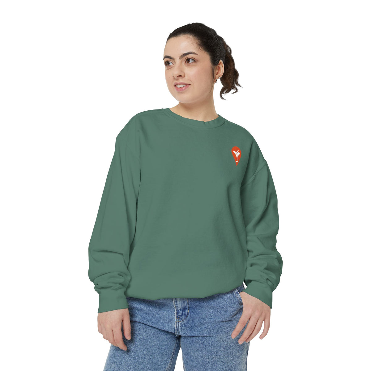 Gravity Skiing Crewneck Sweatshirt in Light Green, female model, front