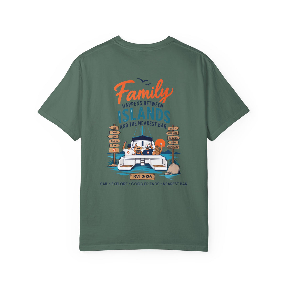 Family Happens BVI Sailing T-Shirt in Blue Spruce, back view with catamaran graphic