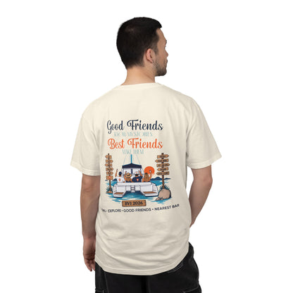 Man wearing Good Friends BVI Sailing T-Shirt in Ivory, back graphic