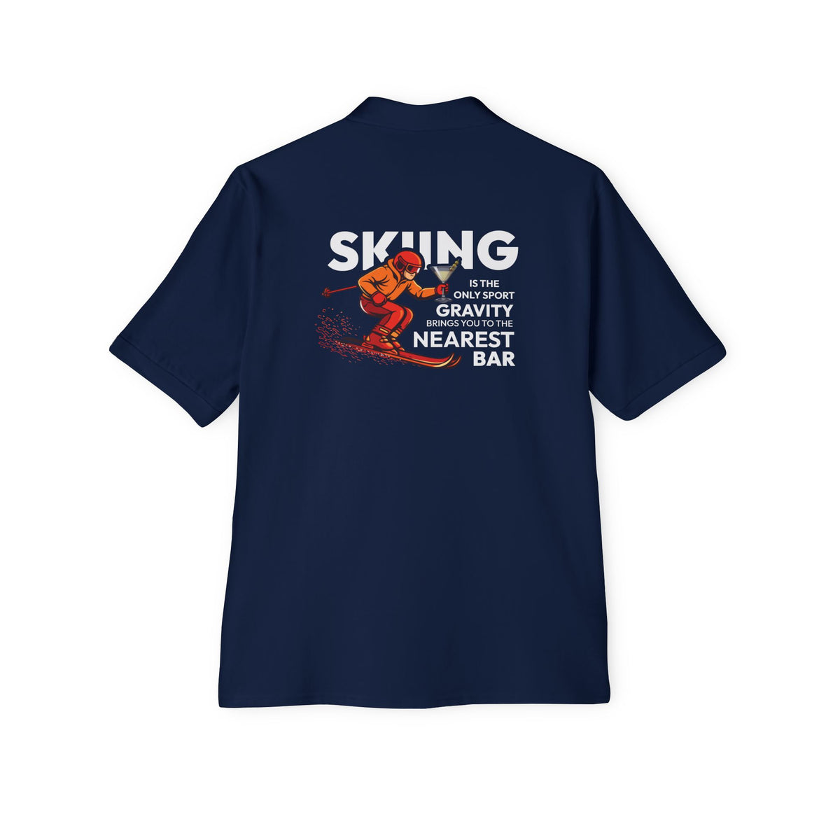 Skiing Nearest Bar Polo in J. Navy, back view with skiing graphic