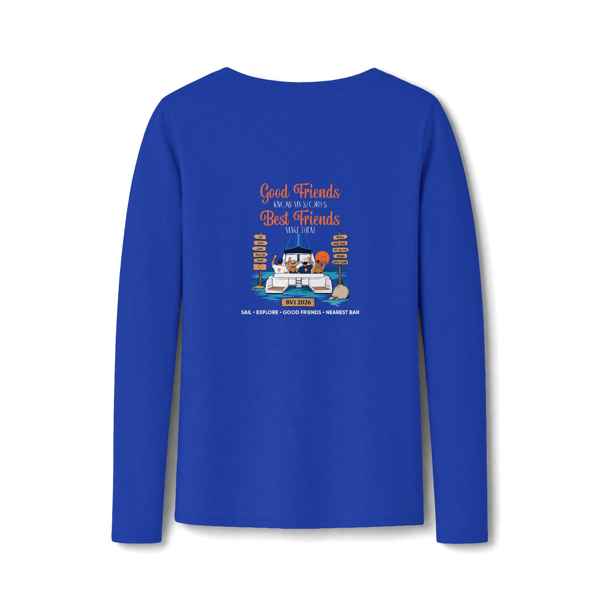 Good Friends, Best Friends Women's Long Sleeve V-Neck Tee in True Royal, back