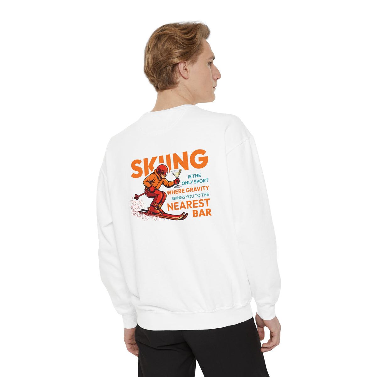 Gravity Skiing Crewneck Sweatshirt in White, male model, back