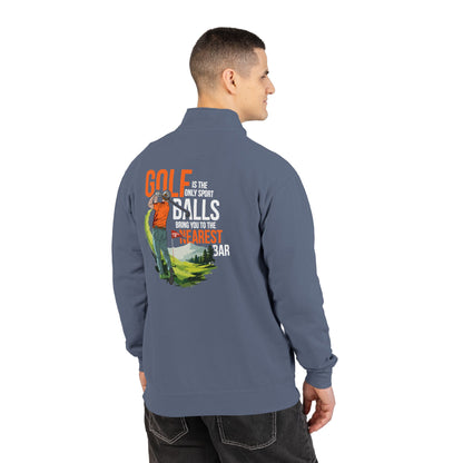 Man wearing Nearest Bar golf quarter-zip in Blue Jean, back graphic