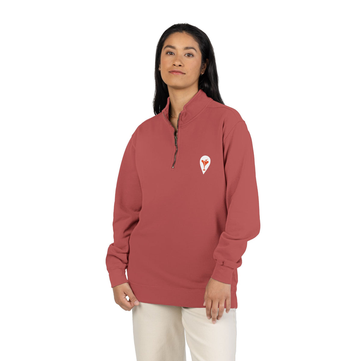 Wind & Sailing Quarter-Zip Sweatshirt in Crimson, female model, front
