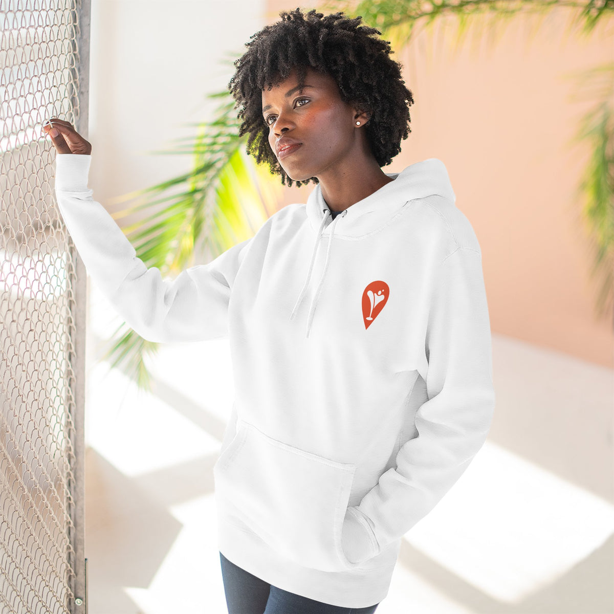 Gravity Skiing Fleece Hoodie in White, female model, front
