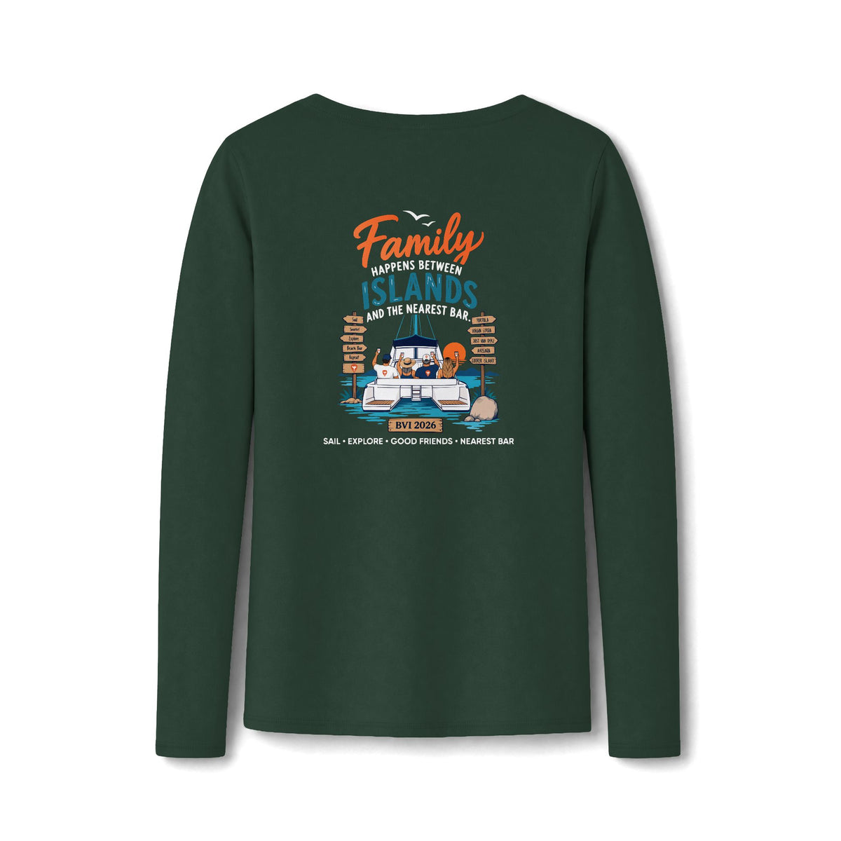 Family Happens Between Islands Women's Long Sleeve V-Neck Tee in Forest Green, back