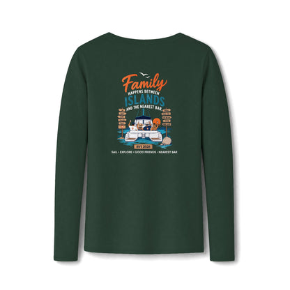 Family Happens Between Islands Women's Long Sleeve V-Neck Tee in Forest Green, back