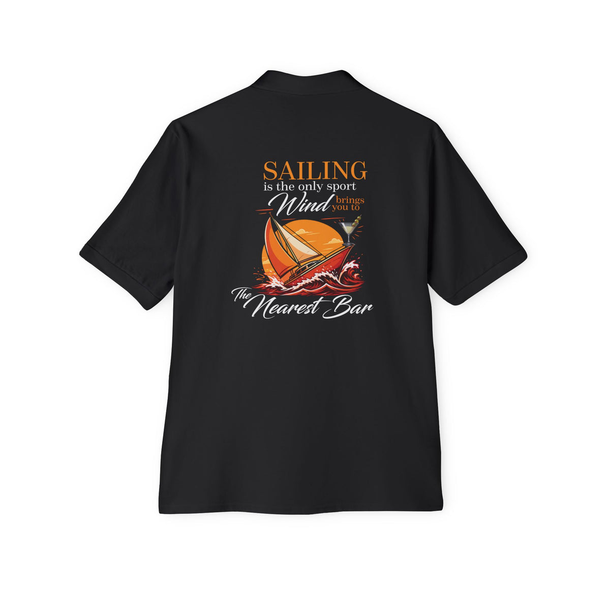 Sailing Nearest Bar Polo in Black, back view with sailing graphic