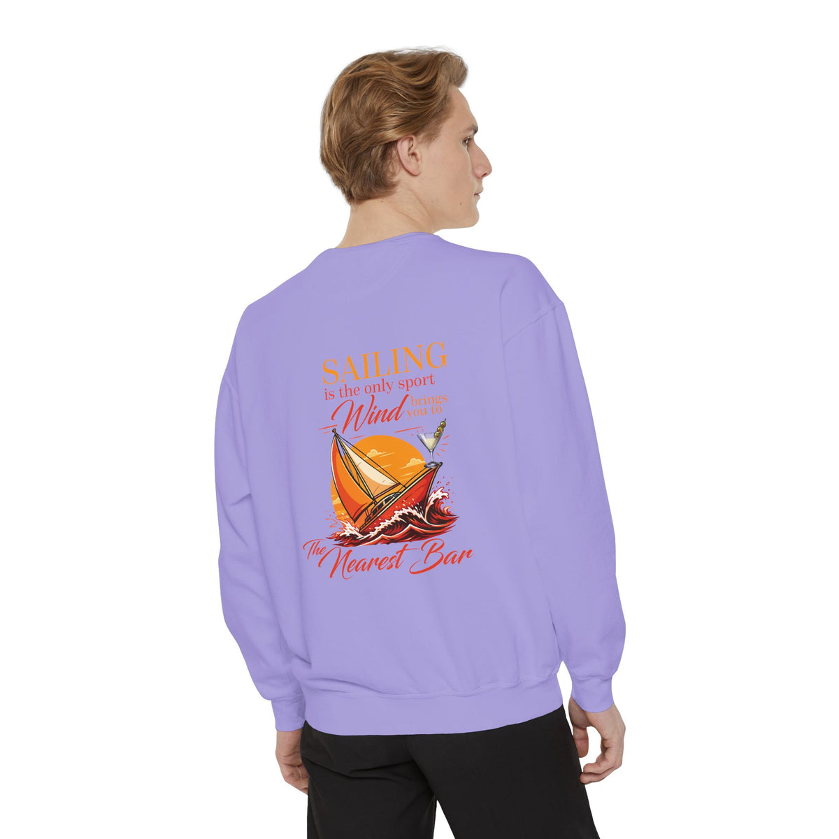 Wind & Sailing Crewneck Sweatshirt in Violet, male model, back