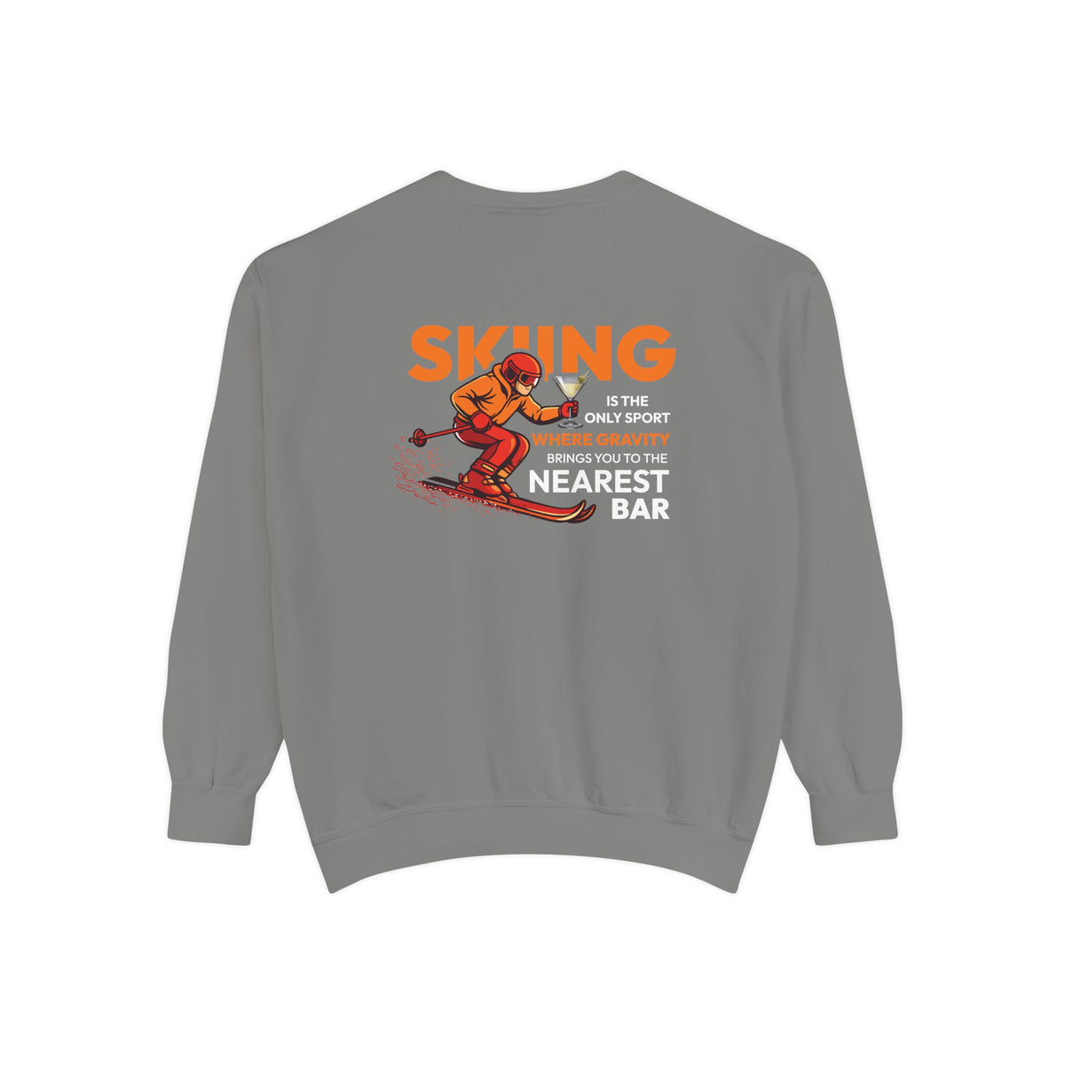 Gravity Skiing Crewneck Sweatshirt in Grey, flat back