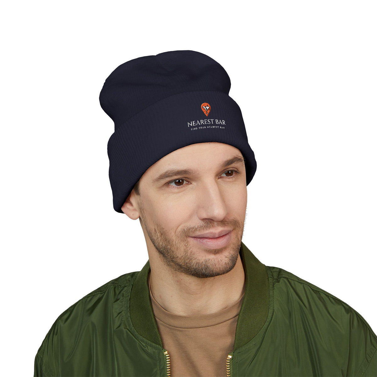 Nearest Bar Knit Cap in Navy, male model